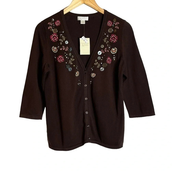Christopher & Banks | V Neck Cardigan Button Up Beaded Embroidered NWT - Picture 3 of 9